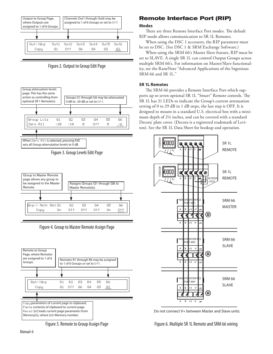 Figure 3. group levels edit page, Figure 2. output to group edit page, Figure 4. group to master remote assign page | Figure 6. multiple sr 1l remote and srm 66 wiring, Manual-6 | Rane SRM 66 User Manual | Page 6 / 10
