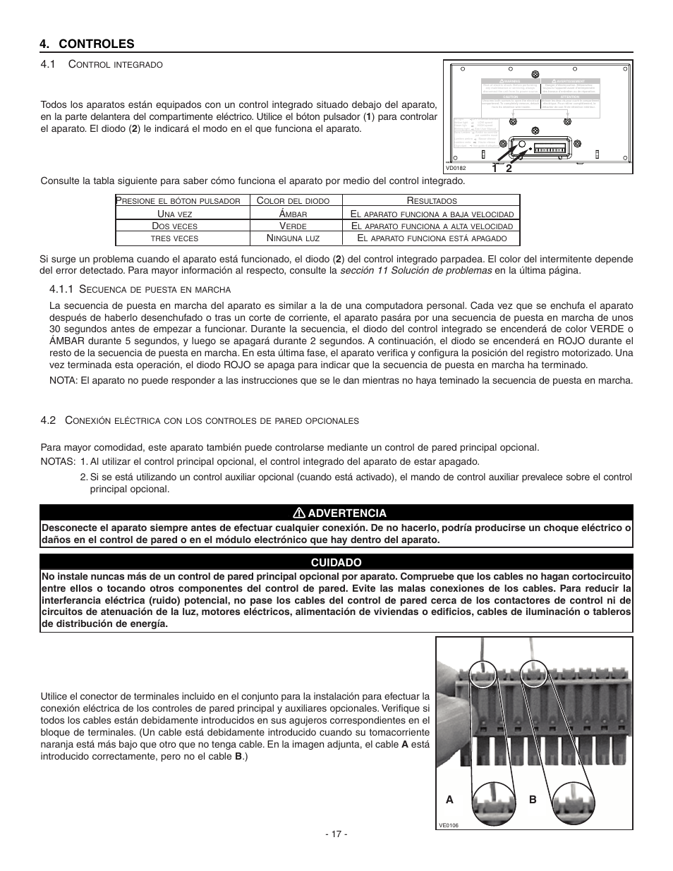 Controles, Cuidado, Advertencia | Broan Fresh Air System ERV90HCS User Manual | Page 43 / 52