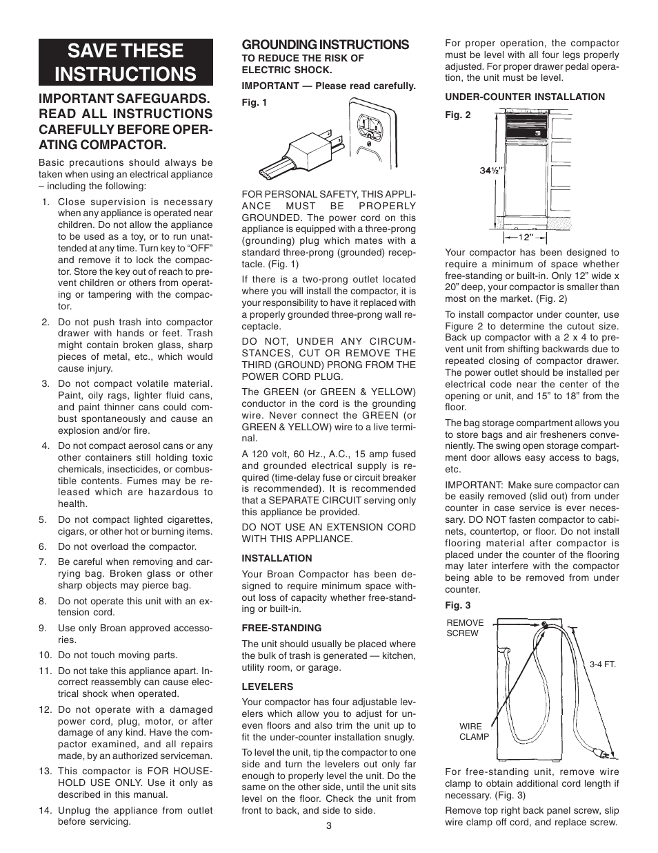 Save these instructions, Grounding instructions | Broan 1050 User Manual | Page 3 / 8