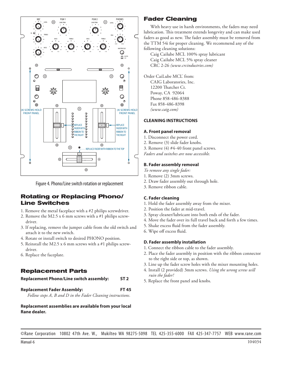 Fader cleaning, Replacement parts, Manual-6 | Rane TTM 54i User Manual | Page 8 / 8