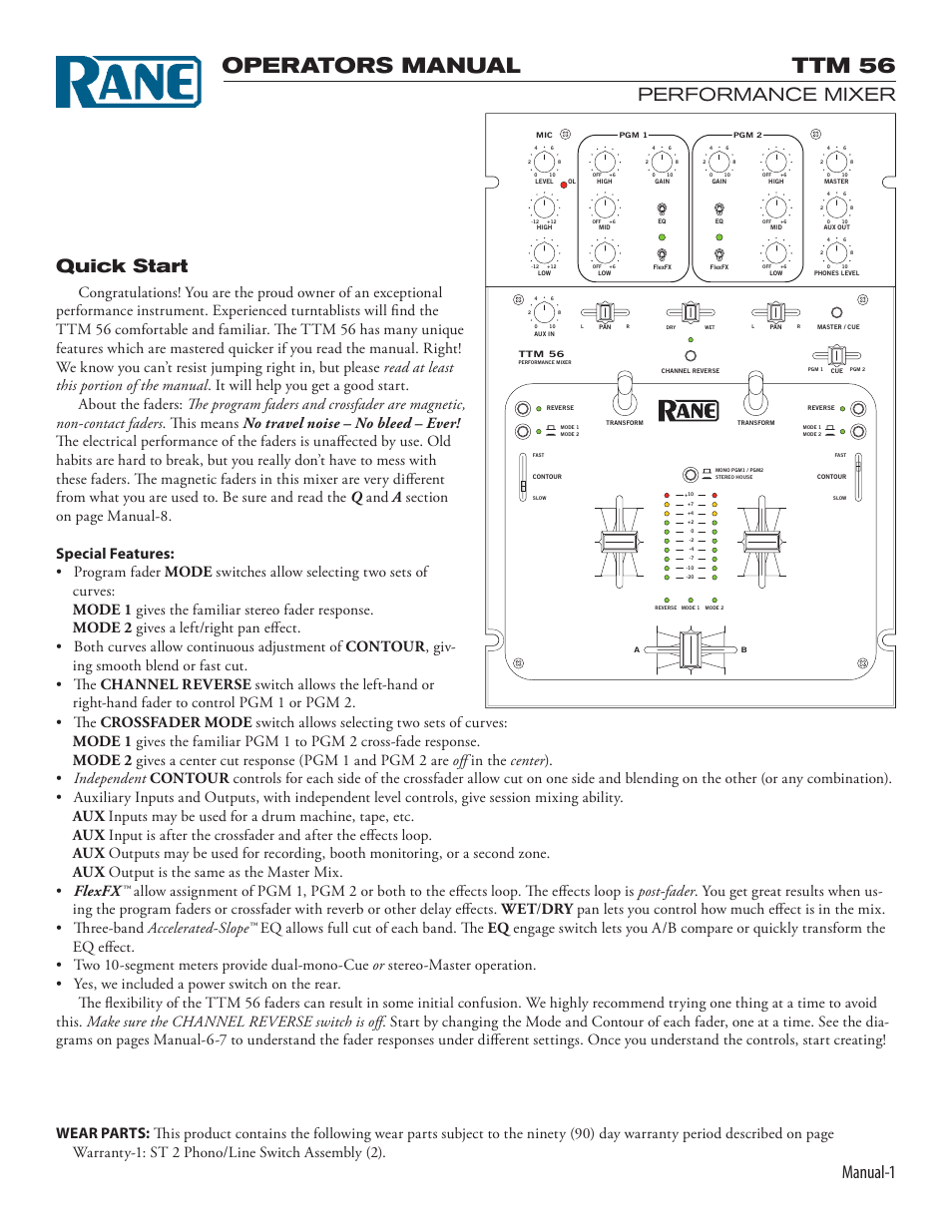 Ttm56man.pdf, Ttm 56, Operators manual | Manual, Performance mixer, Quick start | Rane TTM 56 User Manual | Page 3 / 12