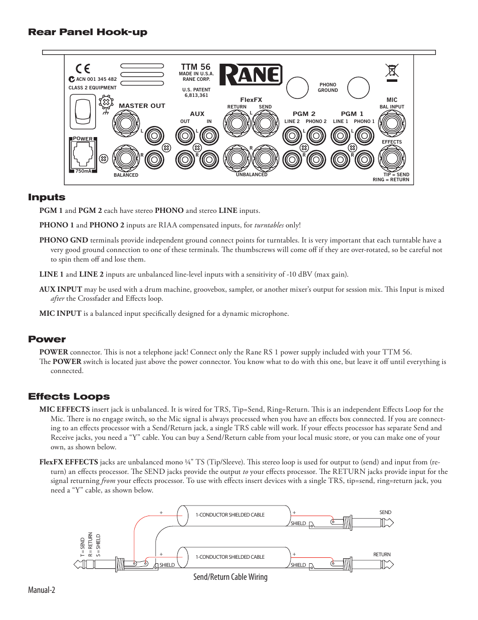 Manual- rear panel hook-up inputs, Power, Effects loops | Send/return cable wiring, Ttm 56 | Rane TTM 56 User Manual | Page 4 / 12