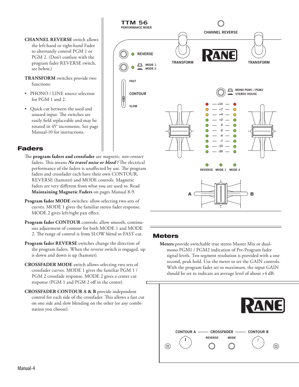 Manual, Faders, Meters | Ttm 56 | Rane TTM 56 User Manual | Page 6 / 12