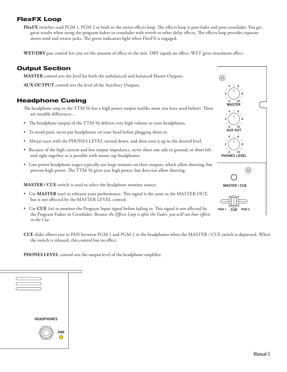 Manual- flexfx loop, Headphone cueing, Ttm 56 | Rane TTM 56 User Manual | Page 7 / 12