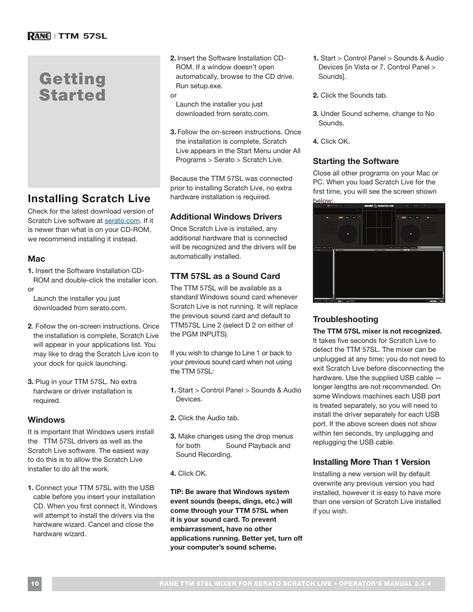 Getting started, Installing scratch live, Windows | Additional windows drivers, Ttm 57sl as a sound card, Starting the software, Troubleshooting, Installing more than 1 version, Mac 10 windows 10 additional windows drivers | Rane TTM 57SL Manual for Serato Scratch Live 2.44 User Manual | Page 10 / 60