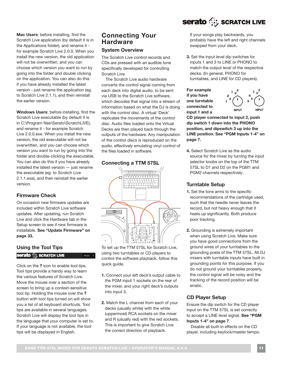 Firmware check, Using the tool tips, Connecting your hardware | System overview, Connecting a ttm 57sl, Turntable setup, Cd player setup | Rane TTM 57SL Manual for Serato Scratch Live 2.44 User Manual | Page 11 / 60