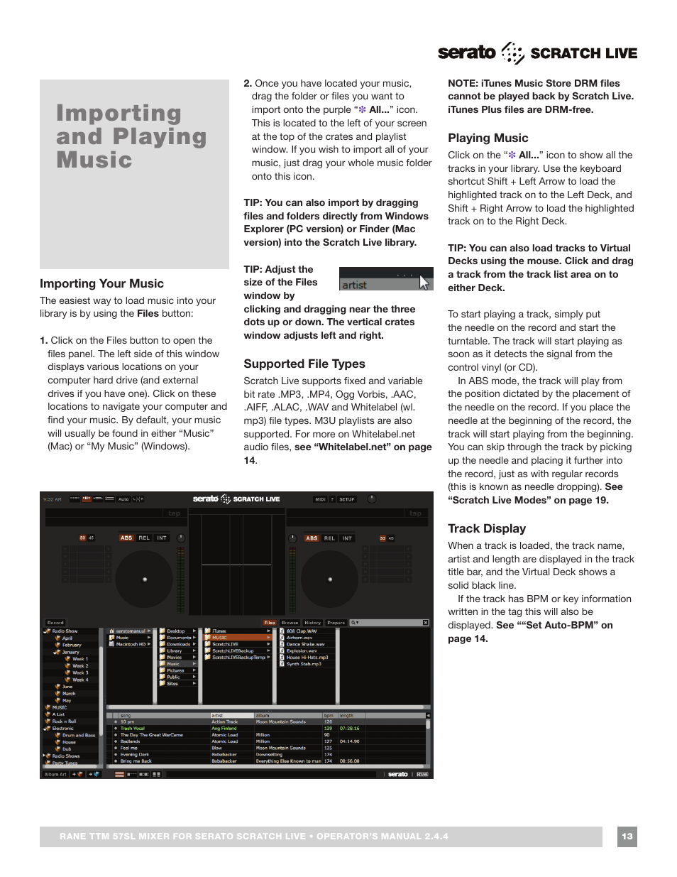 Importing and playing music, Importing your music, Supported file types | Playing music, Track display | Rane TTM 57SL Manual for Serato Scratch Live 2.44 User Manual | Page 13 / 60