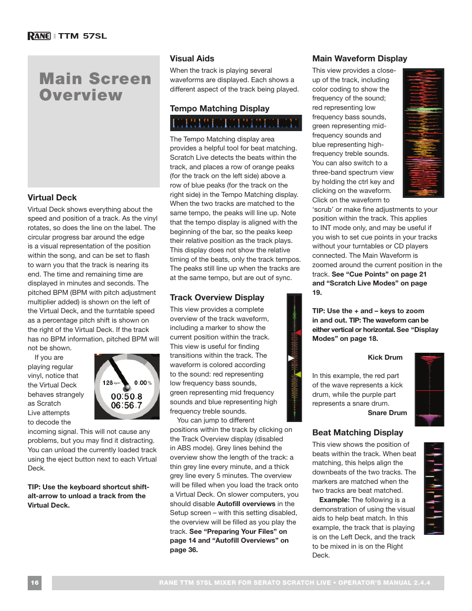 Main screen overview, Virtual deck, Visual aids | Tempo matching display, Track overview display, Main waveform display, Beat matching display | Rane TTM 57SL Manual for Serato Scratch Live 2.44 User Manual | Page 16 / 60