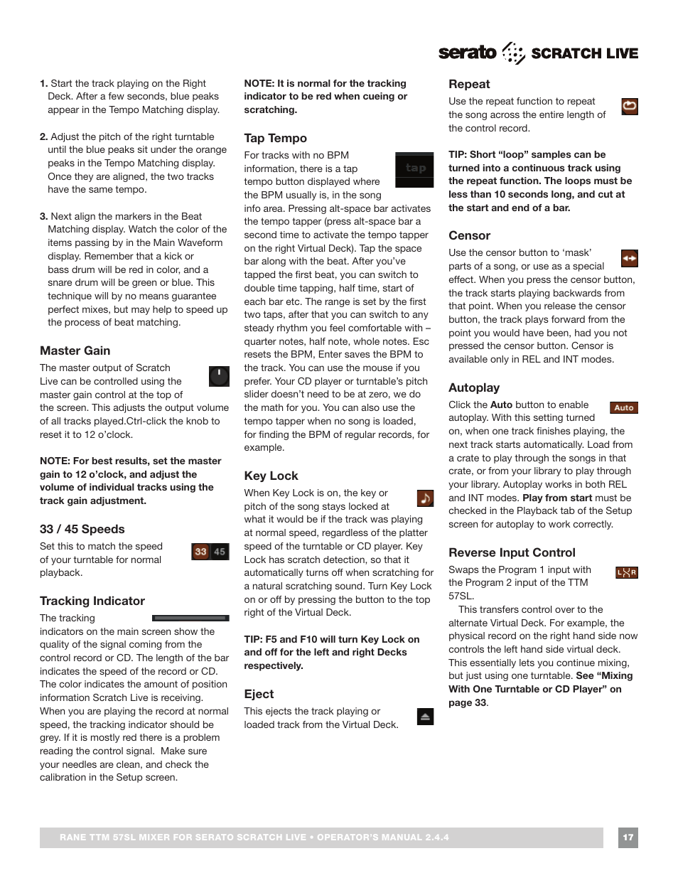 Master gain, 33 / 45 speeds, Tracking indicator | Tap tempo, Key lock, Eject, Repeat, Censor, Autoplay, Reverse input control | Rane TTM 57SL Manual for Serato Scratch Live 2.44 User Manual | Page 17 / 60