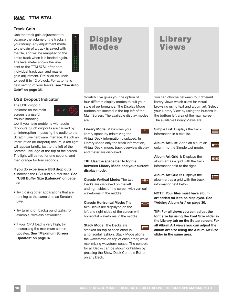 Track gain, Usb dropout indicator, Display modes | Library views, Display modes library views | Rane TTM 57SL Manual for Serato Scratch Live 2.44 User Manual | Page 18 / 60