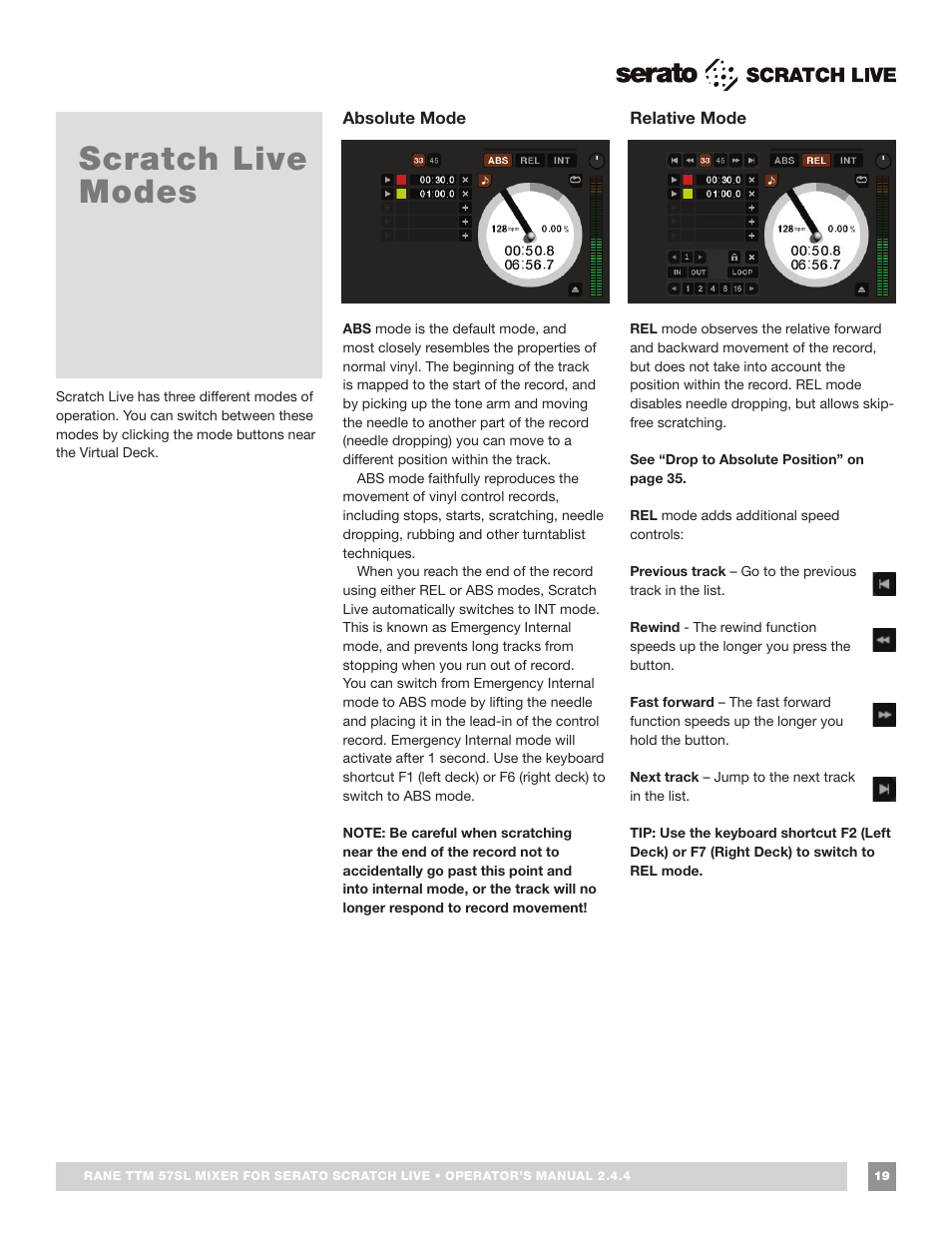 Scratch live modes, Absolute mode, Relative mode | Rane TTM 57SL Manual for Serato Scratch Live 2.44 User Manual | Page 19 / 60