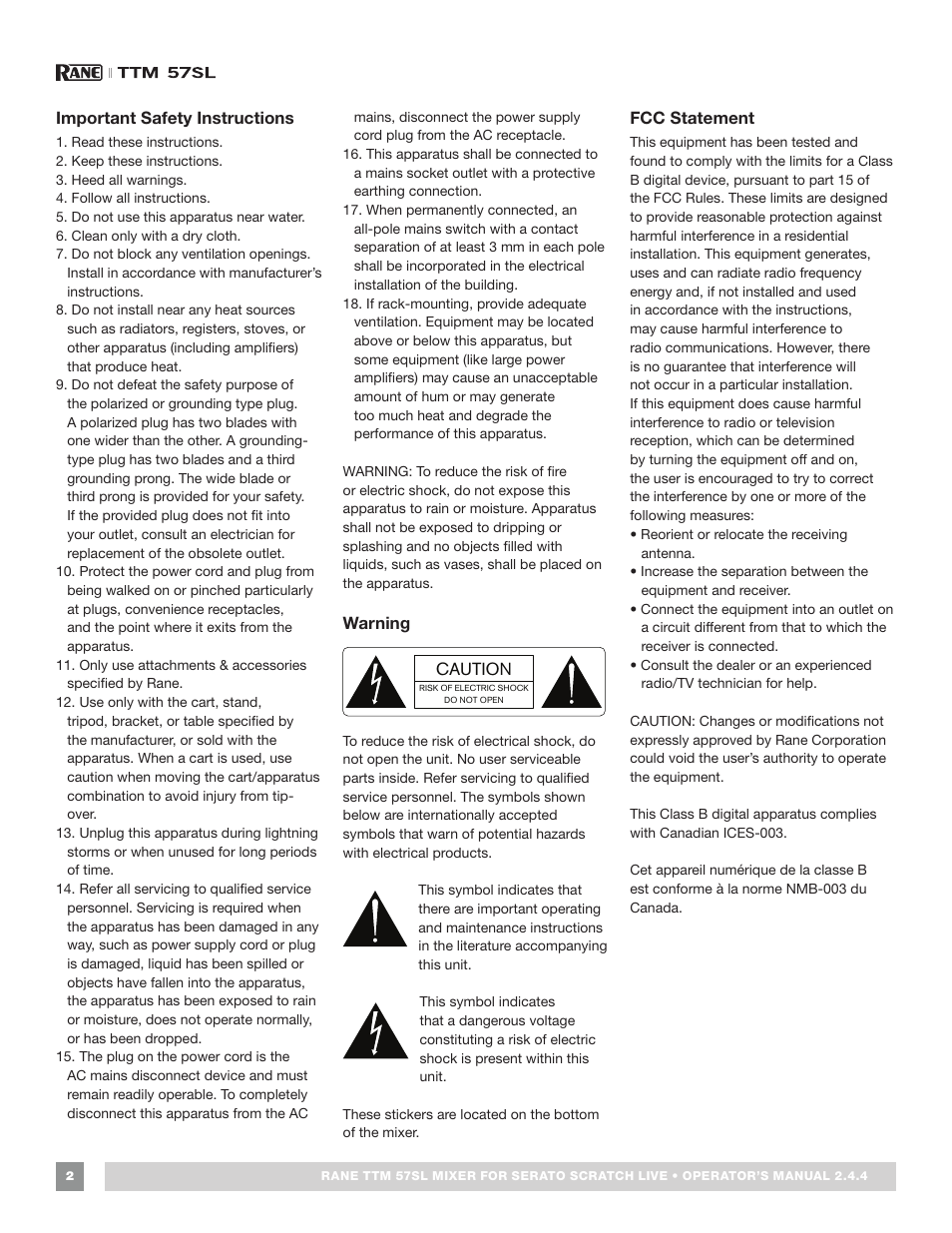 Important safety instructions, Warning, Fcc statement | Rane TTM 57SL Manual for Serato Scratch Live 2.44 User Manual | Page 2 / 60