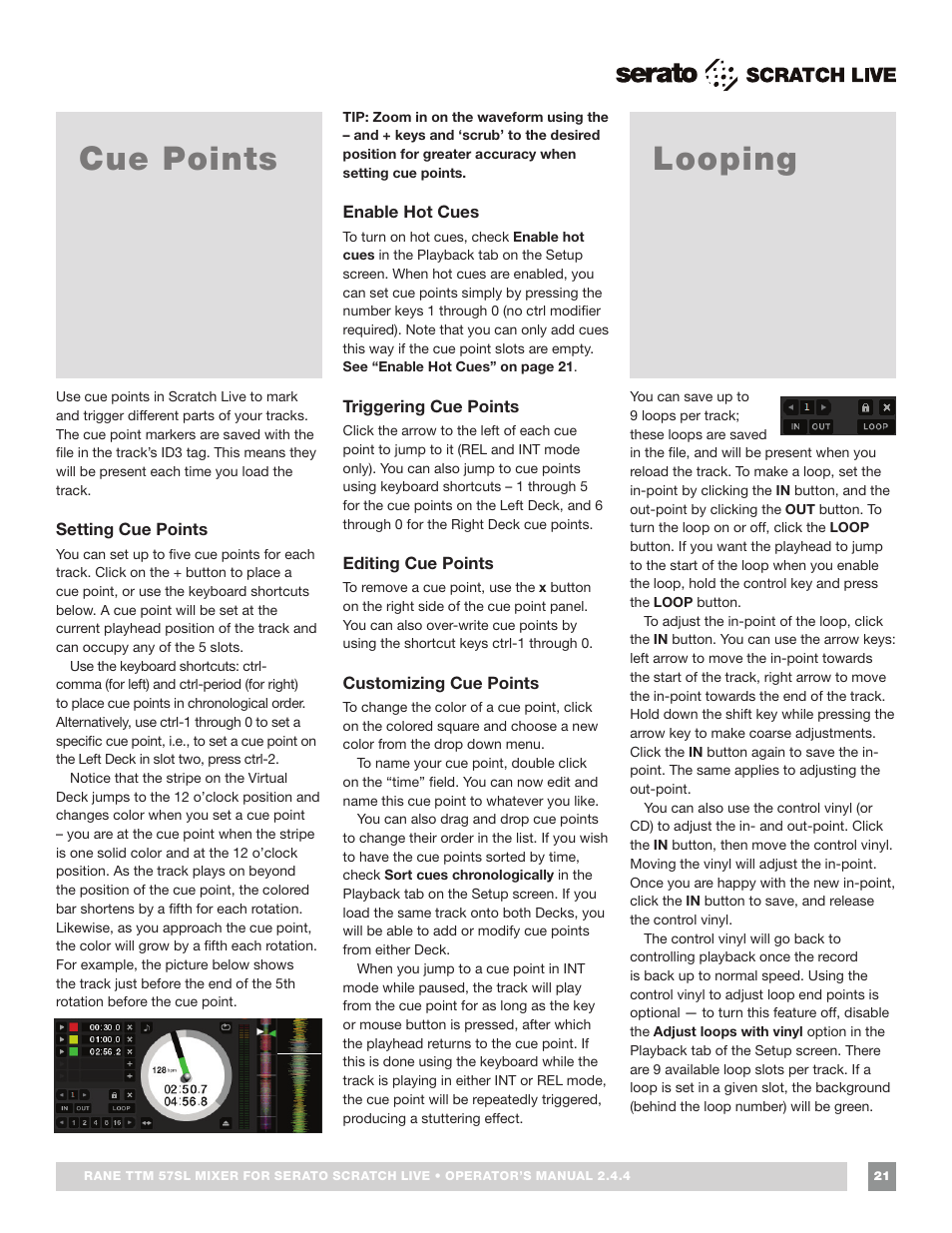 Cue points, Setting cue points, Enable hot cues | Triggering cue points, Editing cue points, Customizing cue points, Looping, Looping 21, Cue points looping | Rane TTM 57SL Manual for Serato Scratch Live 2.44 User Manual | Page 21 / 60