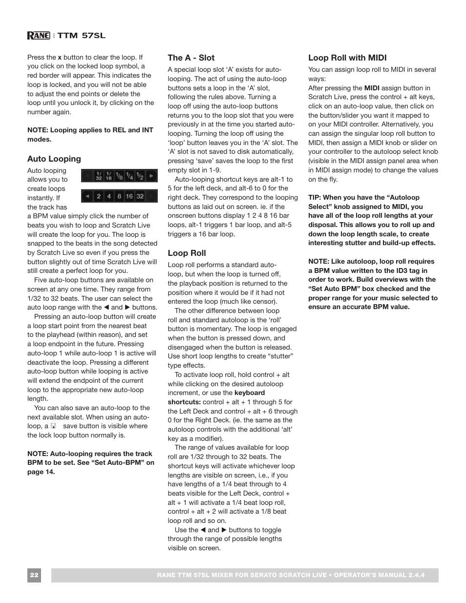 Auto looping, The a - slot, Loop roll | Loop roll with midi | Rane TTM 57SL Manual for Serato Scratch Live 2.44 User Manual | Page 22 / 60