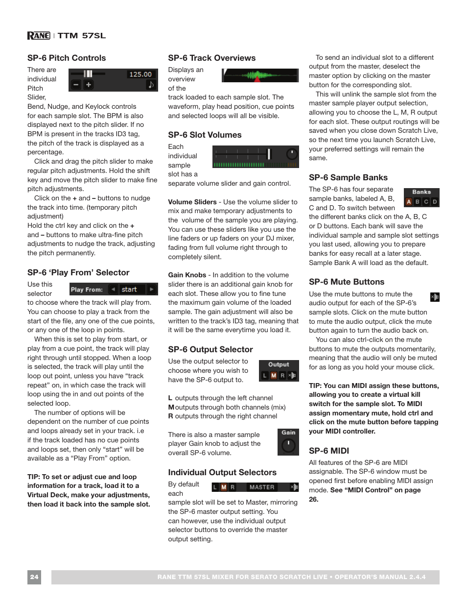 Sp-6 pitch controls, Sp-6 ‘play from’ selector, Sp-6 track overviews | Sp-6 slot volumes, Sp-6 output selector, Individual output selectors, Sp-6 sample banks, Sp-6 mute buttons, Sp-6 midi | Rane TTM 57SL Manual for Serato Scratch Live 2.44 User Manual | Page 24 / 60