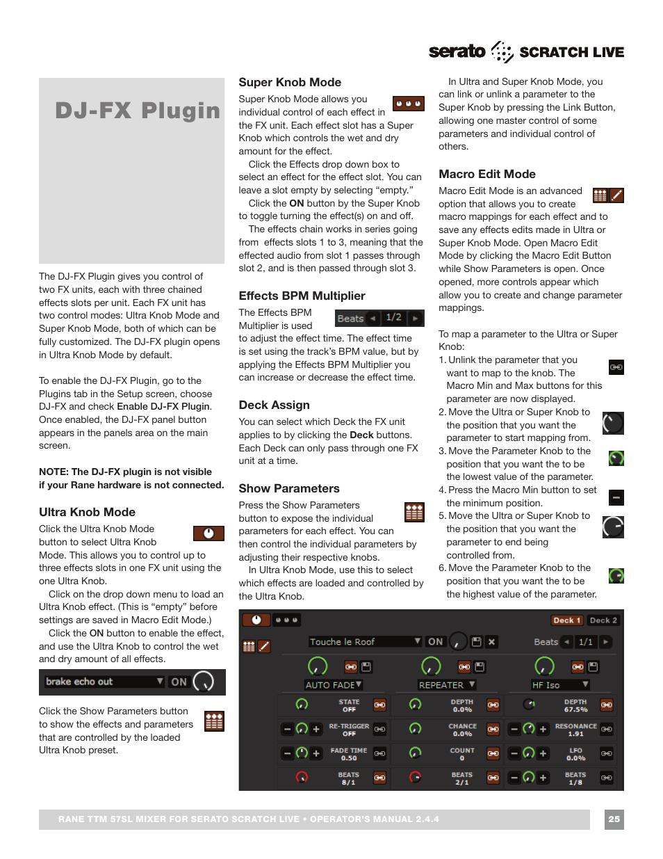Dj-fx plugin, Ultra knob mode, Super knob mode | Effects bpm multiplier, Deck assign, Show parameters, Macro edit mode | Rane TTM 57SL Manual for Serato Scratch Live 2.44 User Manual | Page 25 / 60