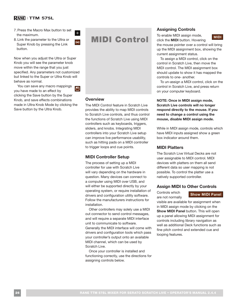 Midi control, Overview, Midi controller setup | Assigning controls, Midi platters, Assigning midi to other controls, Overview 26 midi controller setup, Assign midi to other controls 26 | Rane TTM 57SL Manual for Serato Scratch Live 2.44 User Manual | Page 26 / 60