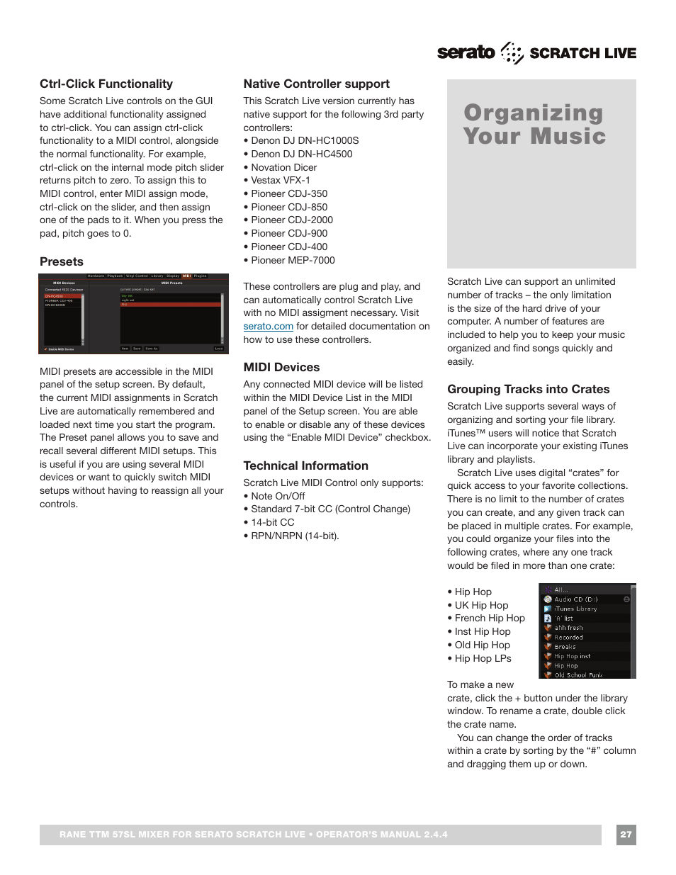 Ctrl-click functionality, Presets, Native controller support | Midi devices, Technical information, Organizing your music, Grouping tracks into crates | Rane TTM 57SL Manual for Serato Scratch Live 2.44 User Manual | Page 27 / 60