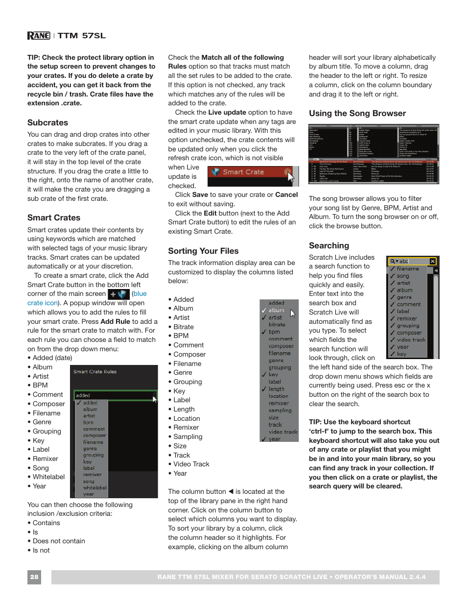 Subcrates, Smart crates, Sorting your files | Using the song browser, Searching, Subcrates 28 smart crates, Searching 28 | Rane TTM 57SL Manual for Serato Scratch Live 2.44 User Manual | Page 28 / 60