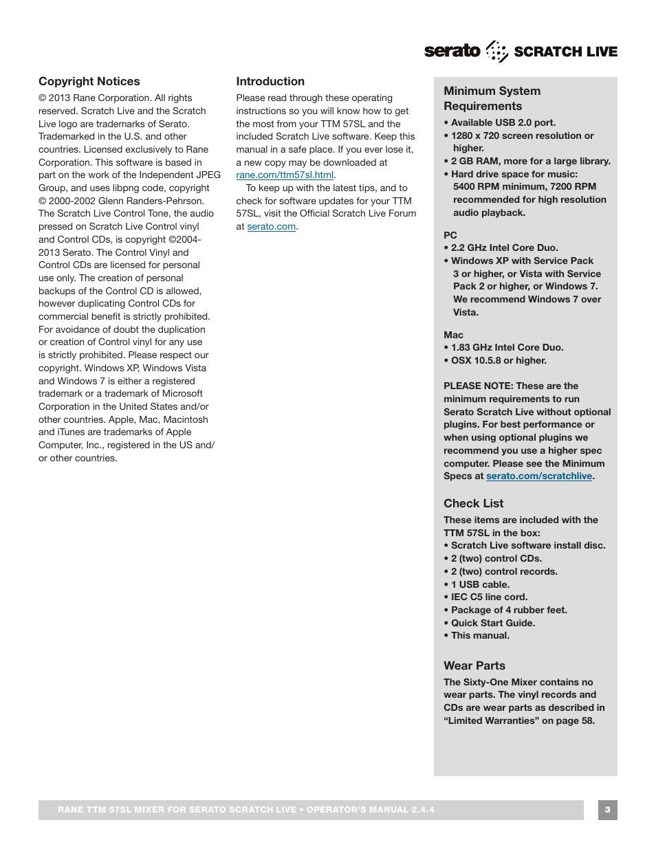 Copyright notices, Introduction, Minimum system requirements | Check list, Wear parts | Rane TTM 57SL Manual for Serato Scratch Live 2.44 User Manual | Page 3 / 60