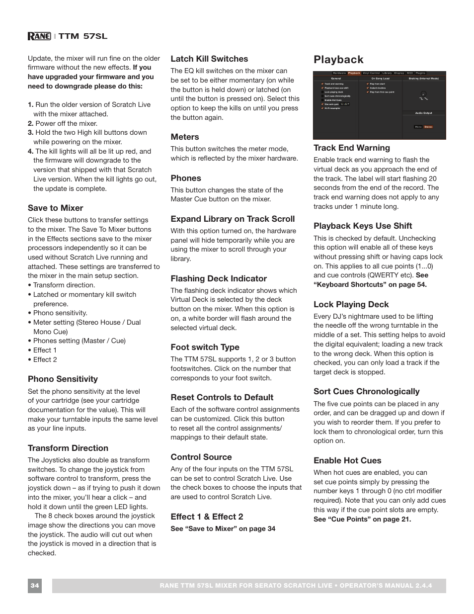 Save to mixer, Phono sensitivity, Transform direction | Latch kill switches, Meters, Phones, Expand library on track scroll, Flashing deck indicator, Foot switch type, Reset controls to default | Rane TTM 57SL Manual for Serato Scratch Live 2.44 User Manual | Page 34 / 60