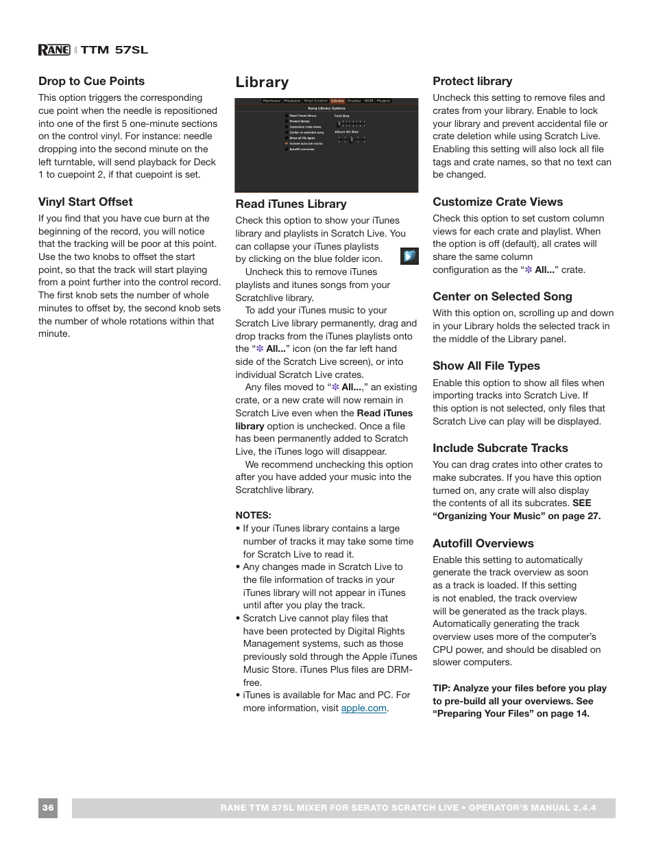 Drop to cue points, Vinyl start offset, Library | Read itunes library, Protect library, Customize crate views, Center on selected song, Show all file types, Include subcrate tracks, Autofill overviews | Rane TTM 57SL Manual for Serato Scratch Live 2.44 User Manual | Page 36 / 60