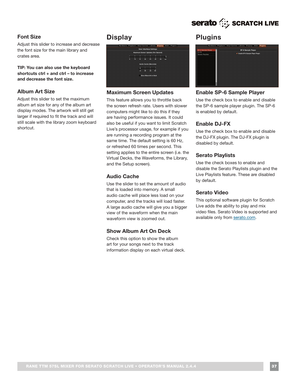 Font size, Album art size, Display | Maximum screen updates, Audio cache, Show album art on deck, Plugins, Enable sp-6 sample player, Enable dj-fx, Serato playlists | Rane TTM 57SL Manual for Serato Scratch Live 2.44 User Manual | Page 37 / 60