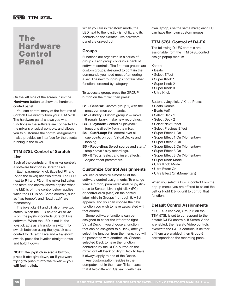 The hardware control panel, Ttm 57sl control of scratch live, Groups | Customize control assignments, Ttm 57sl control of dj-fx, Default control assignments | Rane TTM 57SL Manual for Serato Scratch Live 2.44 User Manual | Page 38 / 60