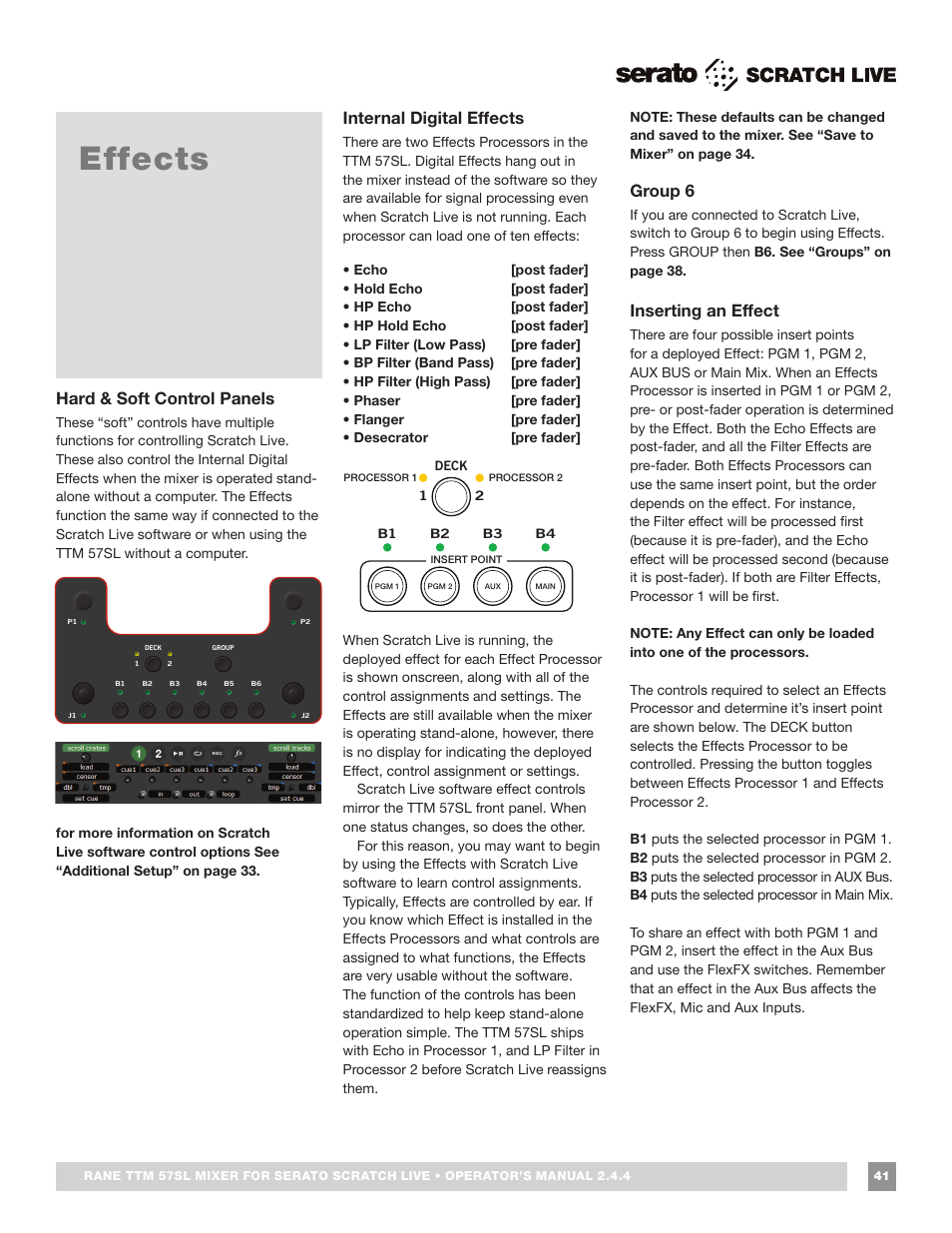 Effects, Hardware & software control panels, Internal digital effects | Group 6, Inserting an effect, Effects 41, Hard & soft control panels | Rane TTM 57SL Manual for Serato Scratch Live 2.44 User Manual | Page 41 / 60