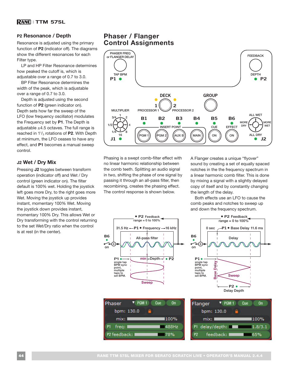 Phaser / flanger control assignments, Phaser / flanger controls, Resonance / depth | Wet / dry mix | Rane TTM 57SL Manual for Serato Scratch Live 2.44 User Manual | Page 44 / 60
