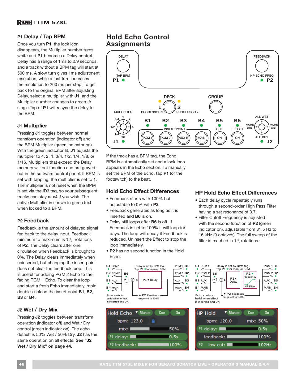 Hold echo control assignments, Hold echo controls, Delay / tap bpm | Multiplier, Feedback, Wet / dry mix, Hold echo effect differences, Hp hold echo effect differences | Rane TTM 57SL Manual for Serato Scratch Live 2.44 User Manual | Page 46 / 60