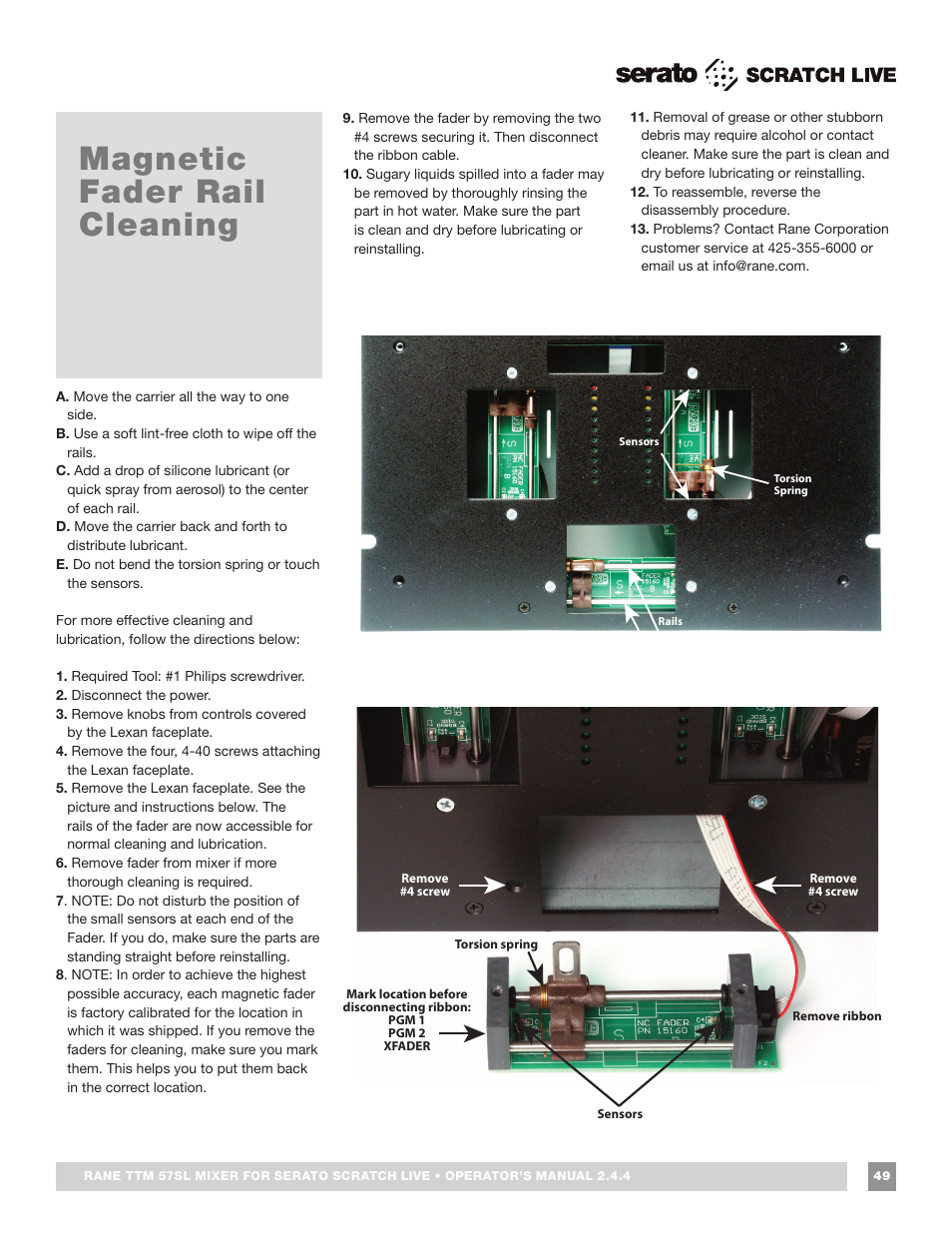 Magnetic fader rail cleaning | Rane TTM 57SL Manual for Serato Scratch Live 2.44 User Manual | Page 49 / 60