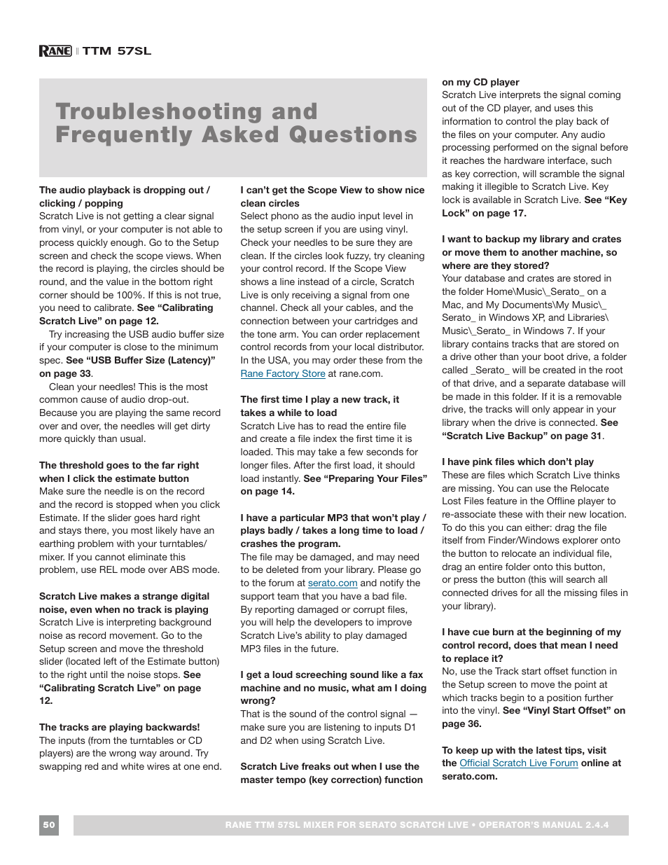 Troubleshooting and frequently asked questions, Troubleshooting and faq | Rane TTM 57SL Manual for Serato Scratch Live 2.44 User Manual | Page 50 / 60