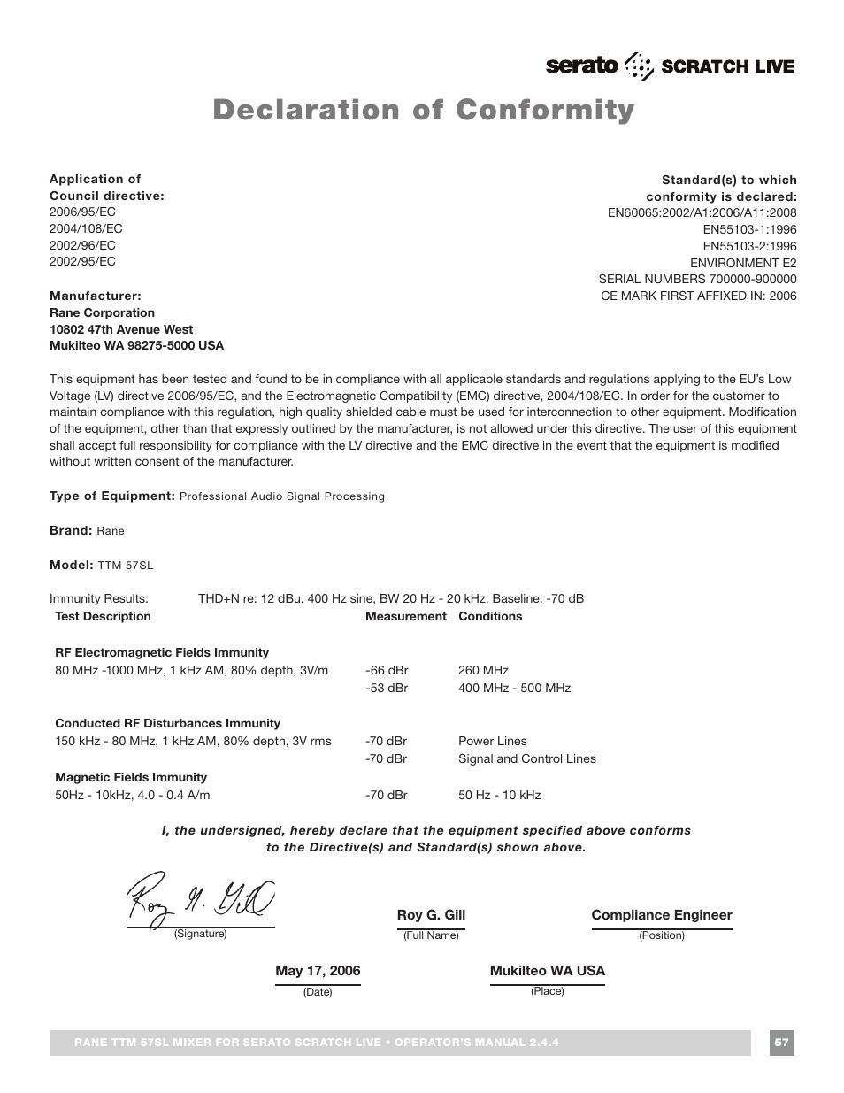 Declaration of conformity | Rane TTM 57SL Manual for Serato Scratch Live 2.44 User Manual | Page 57 / 60