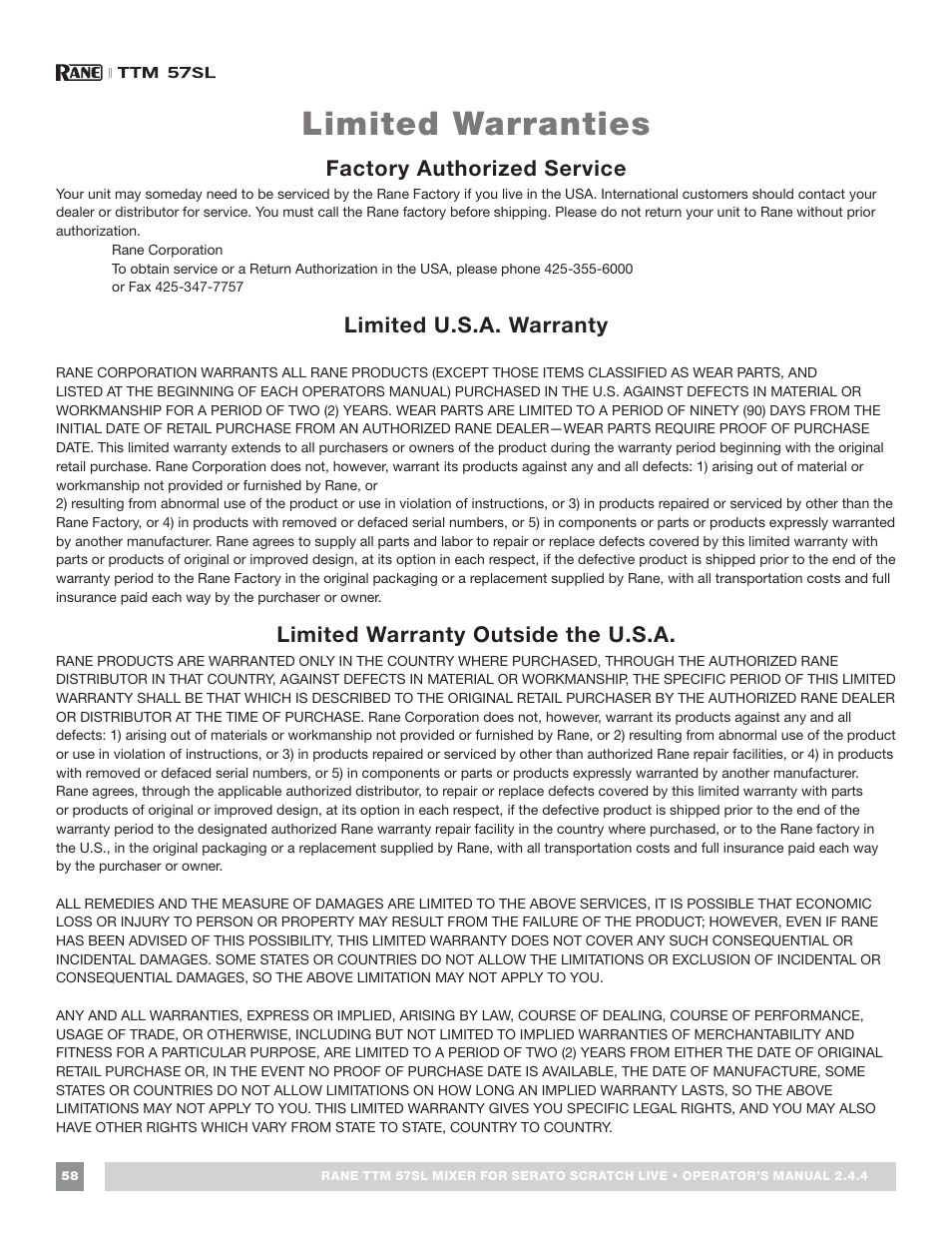 Limited warranties, Factory authorized service, Limited u.s.a. warranty | Limited warranty outside the u.s.a | Rane TTM 57SL Manual for Serato Scratch Live 2.44 User Manual | Page 58 / 60