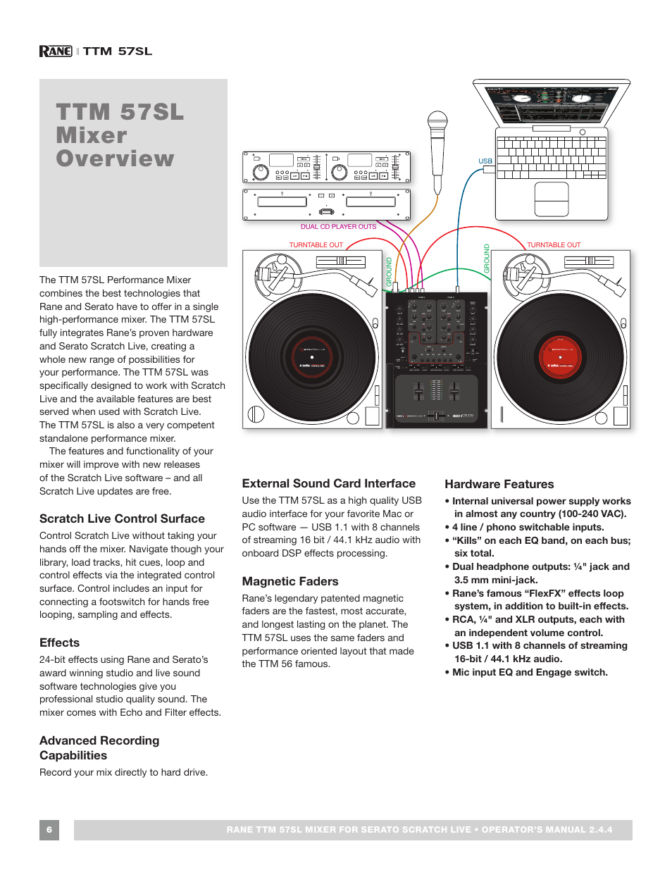 Ttm 57sl mixer overview, Scratch live control surface, Effects | Advanced recording capabilities, External sound card interface, Magnetic faders, Hardware features | Rane TTM 57SL Manual for Serato Scratch Live 2.44 User Manual | Page 6 / 60