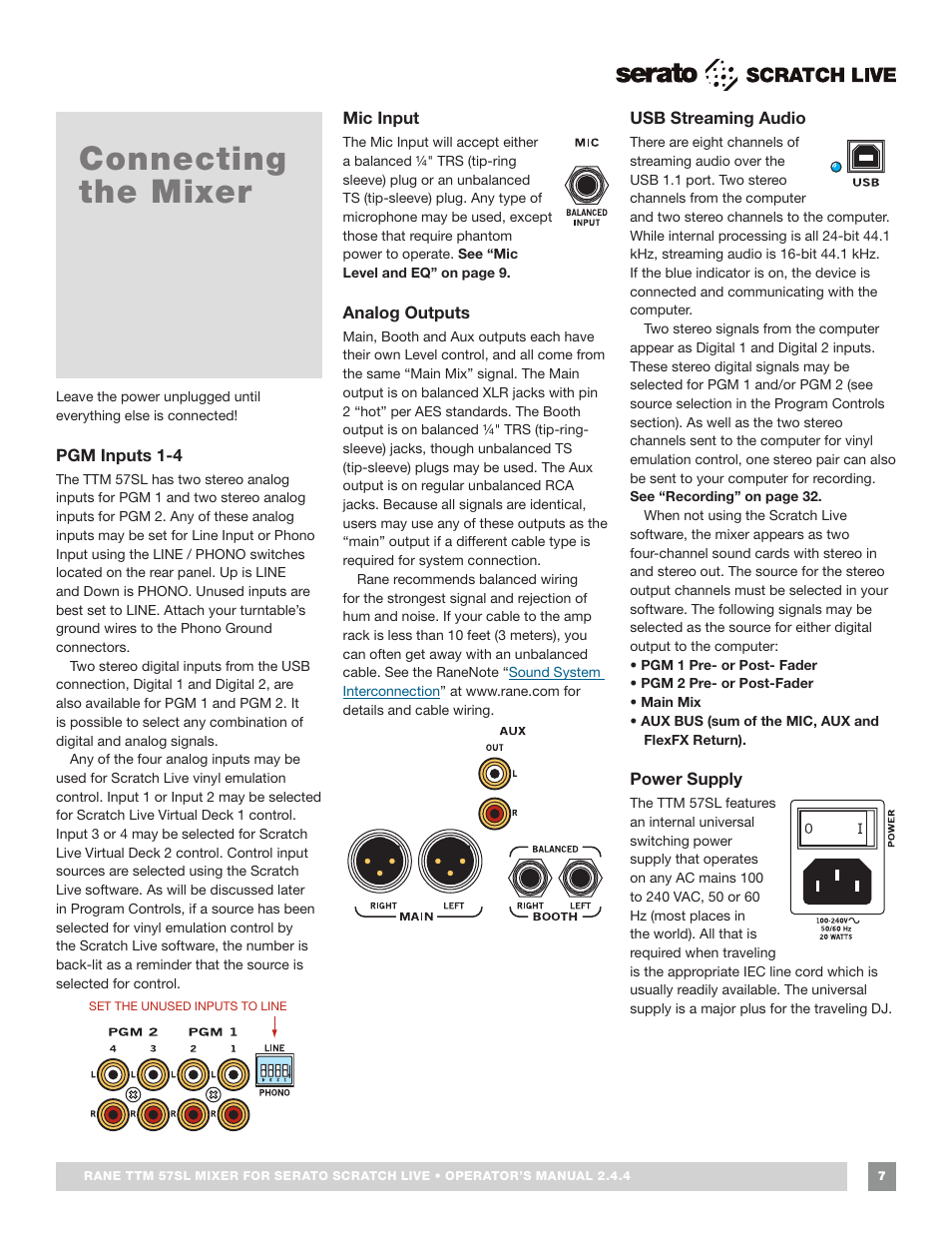 Connecting the mixer, Pgm inputs 1-4, Mic input | Analog outputs, Usb streaming audio, Power supply | Rane TTM 57SL Manual for Serato Scratch Live 2.44 User Manual | Page 7 / 60