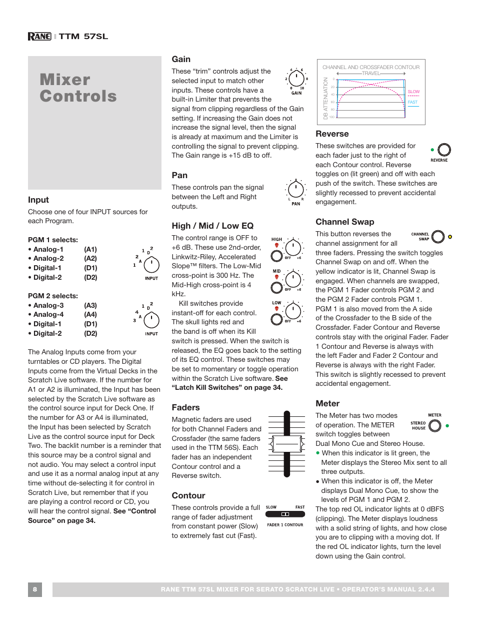 Mixer controls, Input, Gain | High / mid / low eq, Faders, Contour, Reverse, Channel swap, Meter, Input 8 gain | Rane TTM 57SL Manual for Serato Scratch Live 2.44 User Manual | Page 8 / 60