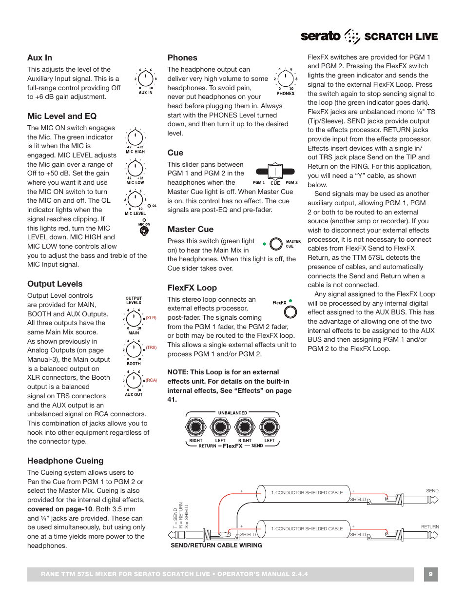 Aux in, Mic level and eq, Output levels | Headphone cueing, Phones, Master cue, Flexfx loop, Phones 9, Cue 9 master cue | Rane TTM 57SL Manual for Serato Scratch Live 2.44 User Manual | Page 9 / 60