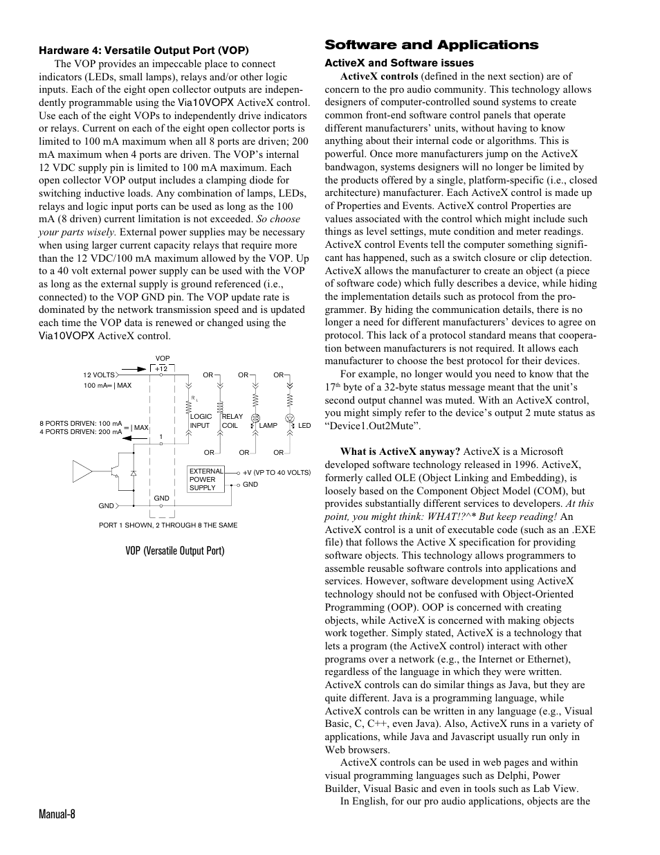 Manual-8, Software and applications, Vop (versatile output port) | Rane Via 10 User Manual | Page 8 / 20