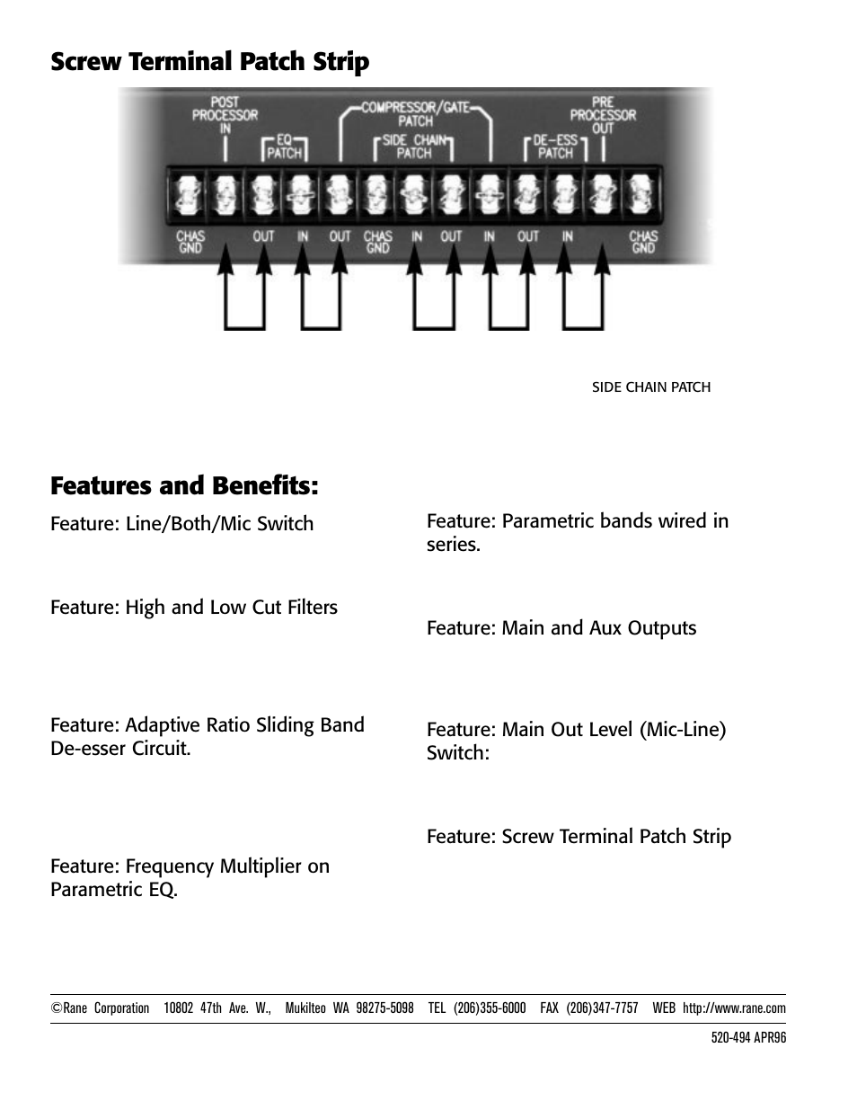 Screw terminal patch strip, Features and benefits | Rane VP 12 User Guide User Manual | Page 8 / 8