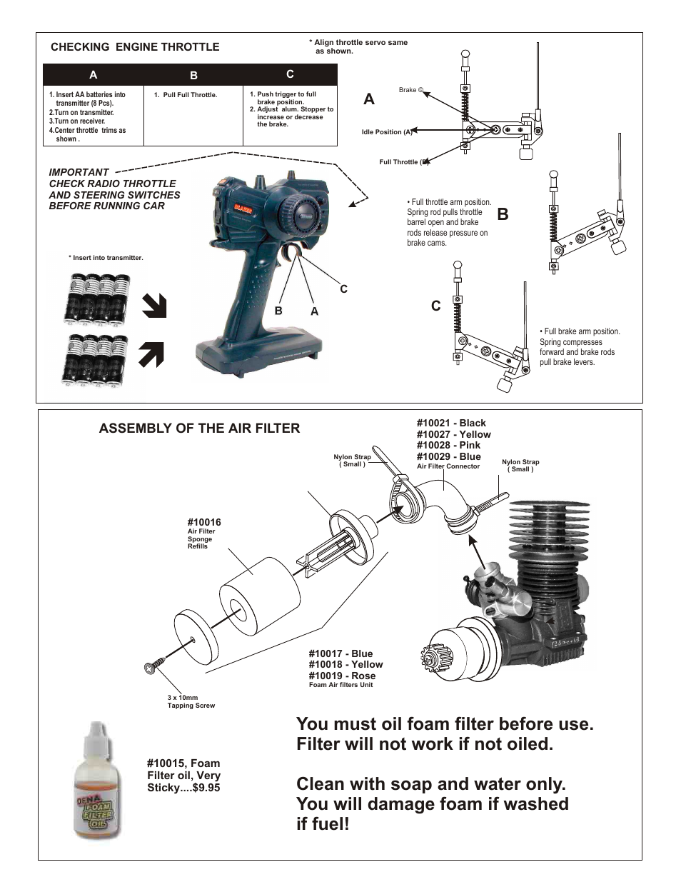 Assembly of the air filter, Assembly of the clutch into engine, Assembly of the manifold and muffler | Ab c checking engine throttle, Ab c | OFNA Racing 9.5 C-Hub RTR User Manual | Page 4 / 14