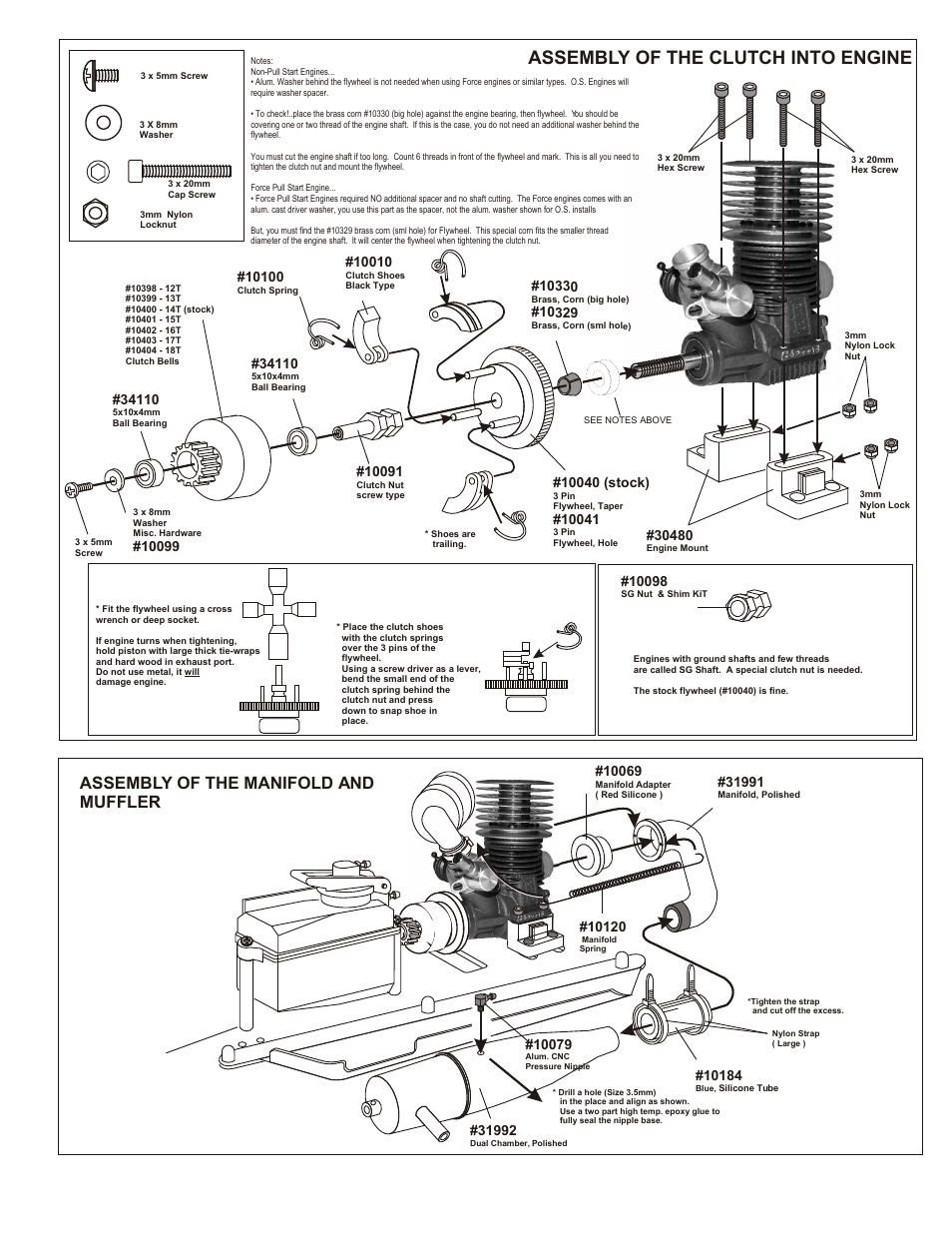Assembly of the air filter, Assembly of the clutch into engine, Assembly of the manifold and muffler | Ab c checking engine throttle, Ab c | OFNA Racing 9.5 C-Hub RTR User Manual | Page 5 / 14