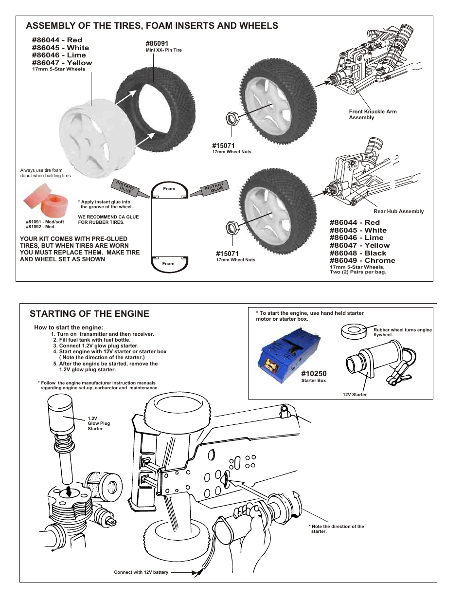 Assembly of the brake system, Starting of the engine, Assembly of the tires, foam inserts and wheels | Align throttle servo and brake same as shown | OFNA Racing 9.5 C-Hub RTR User Manual | Page 7 / 14