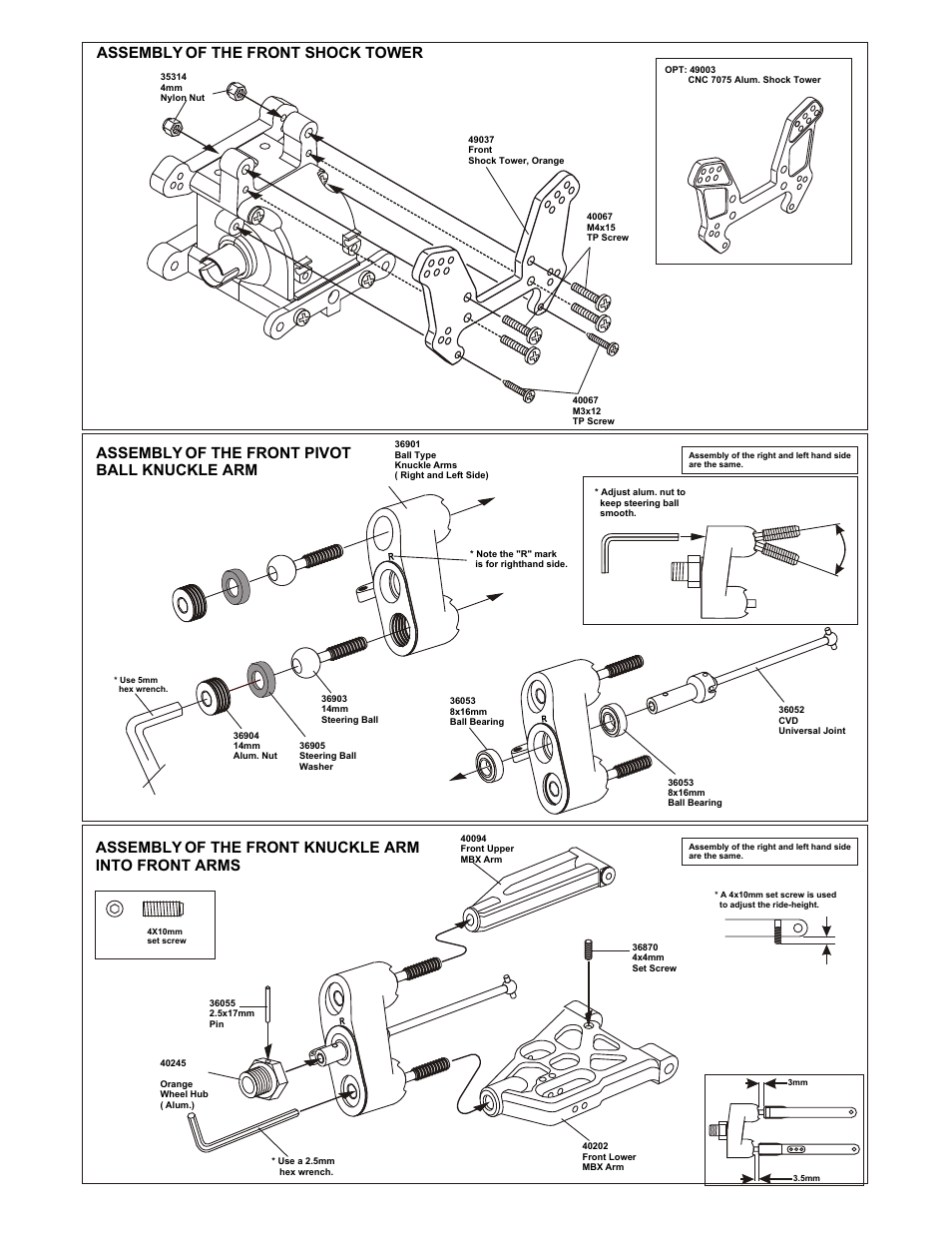 Assembly of the front shock tower, Assembly of the front pivot ball knuckle arm, Assembly of the front knuckle arm into front arms | Assembly of the front suspension arms | OFNA Racing 9.5 MBX RTR User Manual | Page 10 / 37