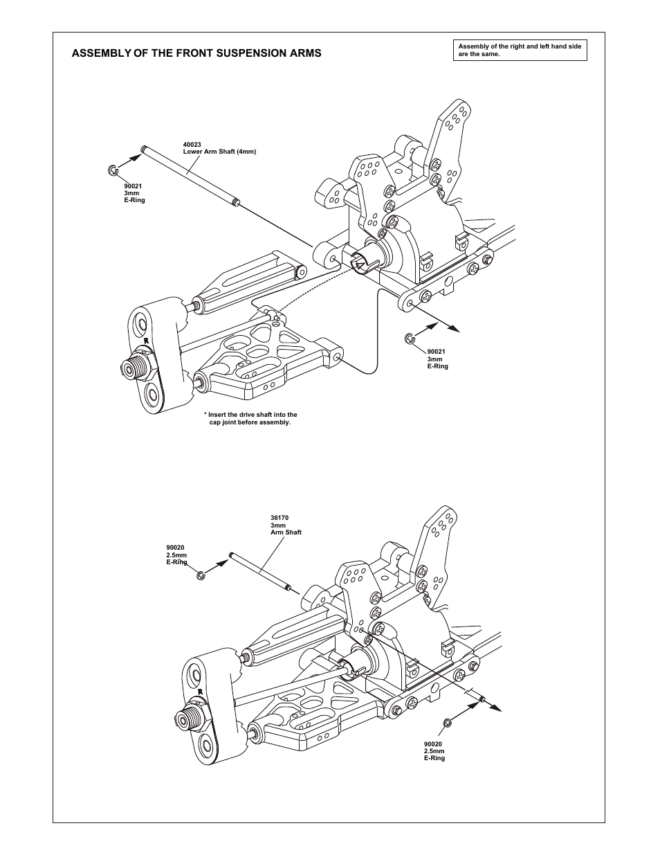 Assembly of the front shock tower, Assembly of the front pivot ball knuckle arm, Assembly of the front knuckle arm into front arms | Assembly of the front suspension arms | OFNA Racing 9.5 MBX RTR User Manual | Page 11 / 37