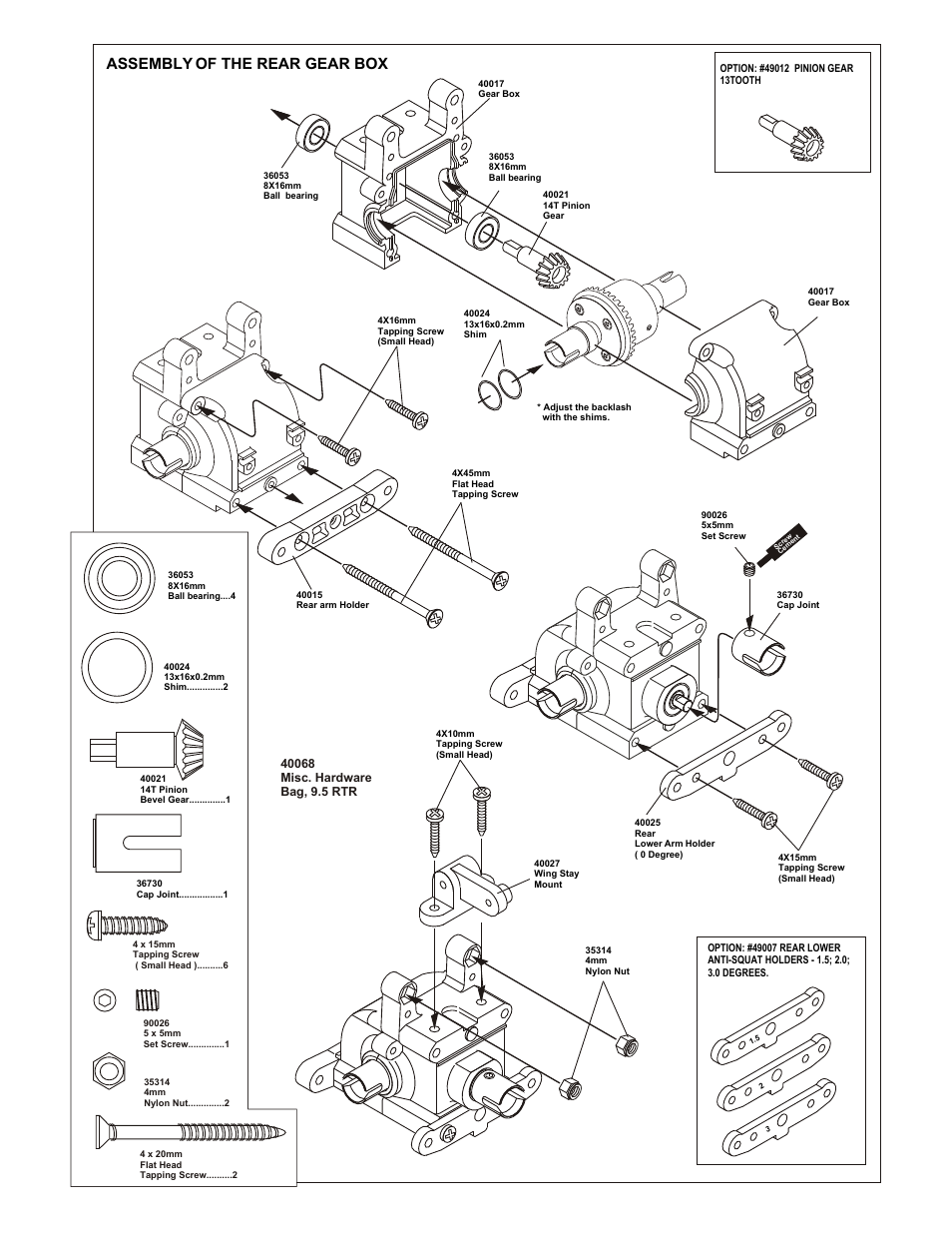 Assembly of the rear gear box, Assembly of the front stabilizer | OFNA Racing 9.5 MBX RTR User Manual | Page 12 / 37