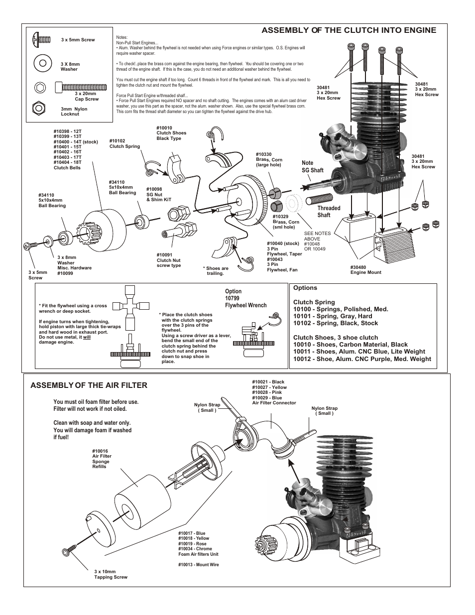 Assembly of the clutch into engine, Assembly of the air filter, Assembly of the manifold and muffler | OFNA Racing 9.5 MBX RTR User Manual | Page 24 / 37