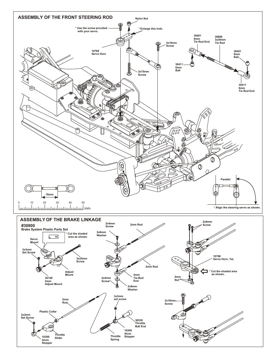 Assembly of the front steering rod, Assembly of the brake linkage, Assembly of the brake linkage into brake rod | Align throttle servo and brake same as shown | OFNA Racing 9.5 MBX RTR User Manual | Page 26 / 37