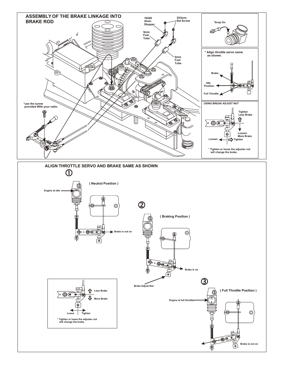 Assembly of the front steering rod, Assembly of the brake linkage, Assembly of the brake linkage into brake rod | Align throttle servo and brake same as shown | OFNA Racing 9.5 MBX RTR User Manual | Page 27 / 37